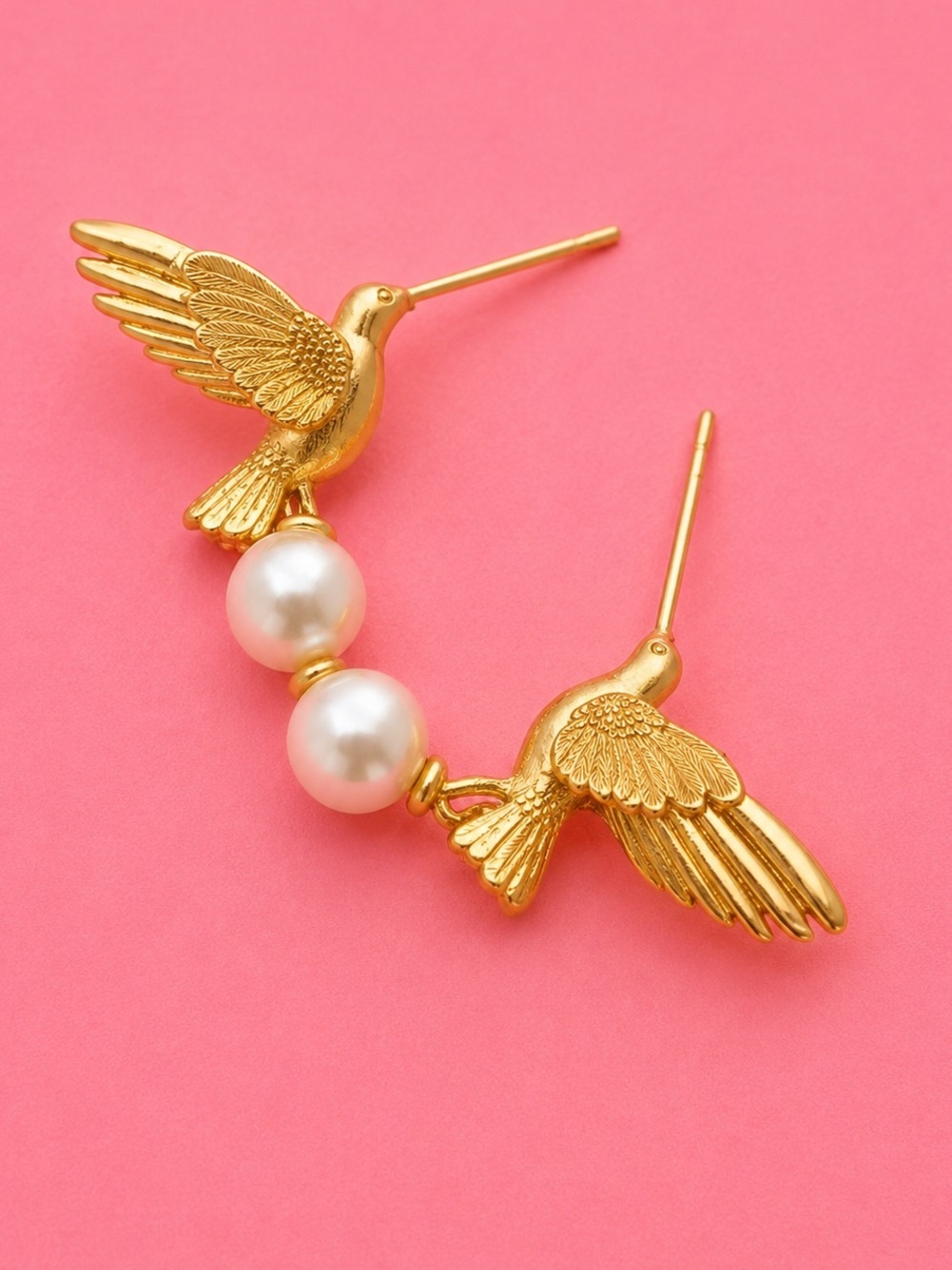 Gold Hummingbird Pearl Drop Earrings